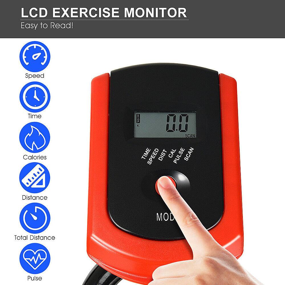 LCD Exercise Monitor: Easy to Read! Speed, Time, Calories, Stop, K 00, Scan Time, Speed, Distance, Calories, Pulse, Scan, Distance, Mod, Total Distance, Pulse.