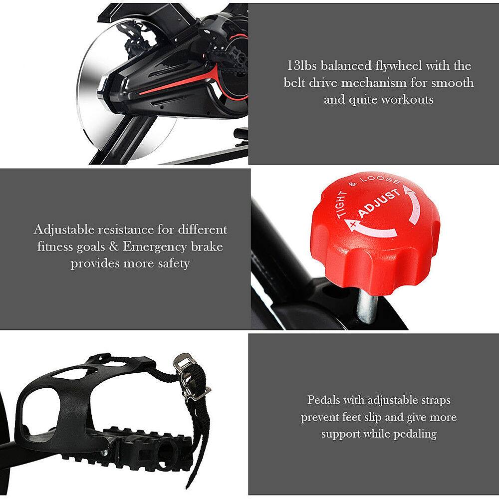 The text on the image can be grouped and corrected as follows:
1. 13lbs balanced flywheel with the belt drive mechanism for smooth and quiet workouts.
2. Adjustable resistance for different fitness goals & Emergency brake provides more safety.
3. LOOSE TIGHT ADJUST x Pedals with adjustable straps prevent feet slip and give more support while pedaling.