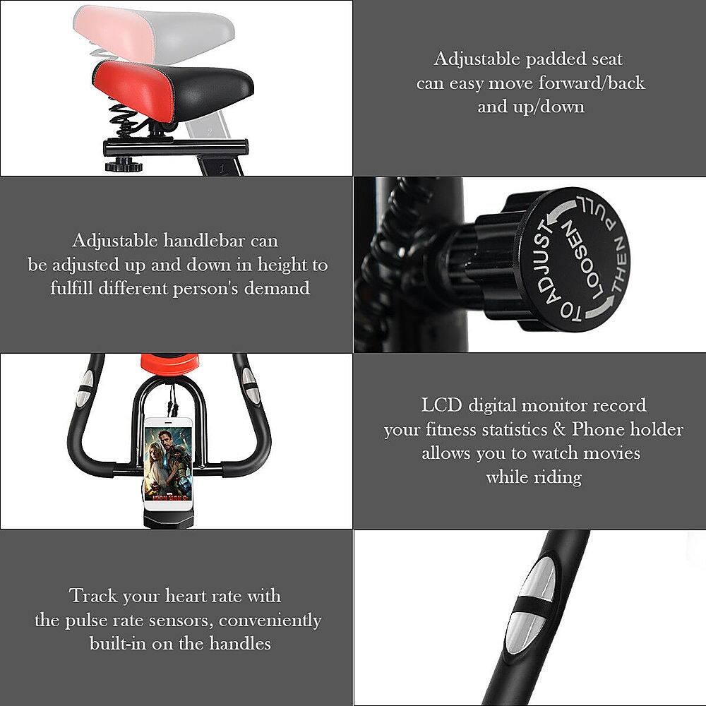 Adjustable padded seat can easily move forward/back and up/down. Adjustable handlebar can be adjusted up and down in height to fulfill different person's demands. Pull the truculent loose then to LCD digital monitor record your fitness statistics & Phone holder allows you to watch movies while riding. Track your heart rate with the pulse rate sensors, conveniently built-in on the handles.