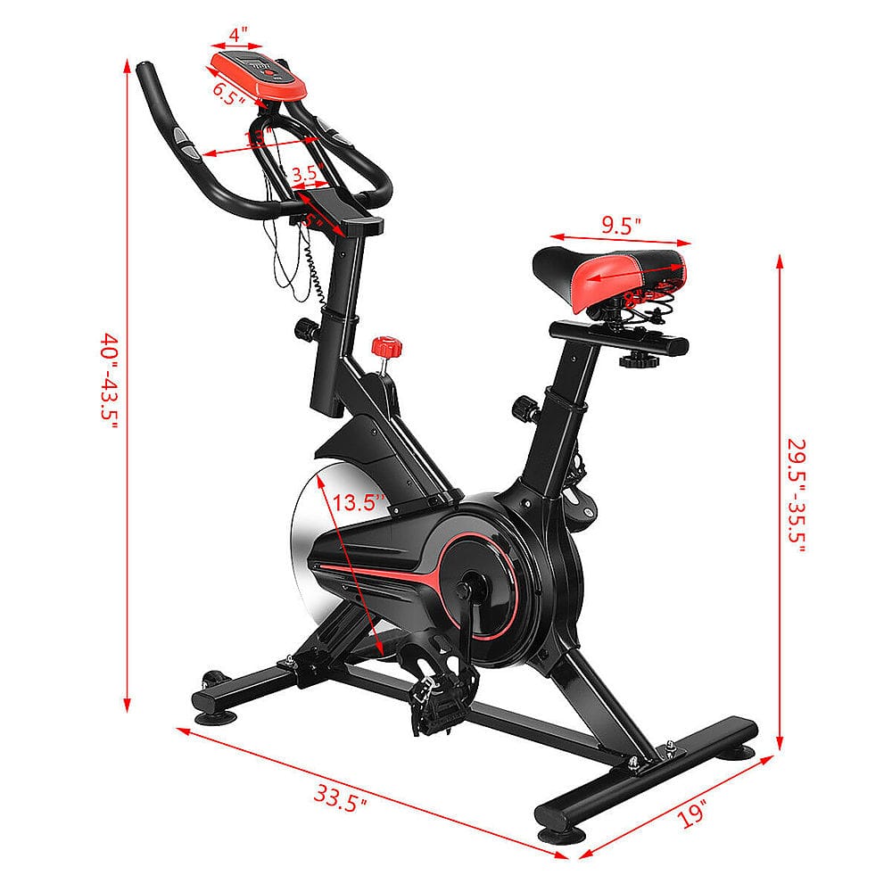 The text on the image is grouped and corrected as follows:
* 4 6.5" 13 3.5" 9.5" 40" 0"-43.5" 13.5" 29.5"-35.5" 33.5" 19"
This text provides the dimensions of the exercise bike, including the seat height, wheel size, and other important measurements.
