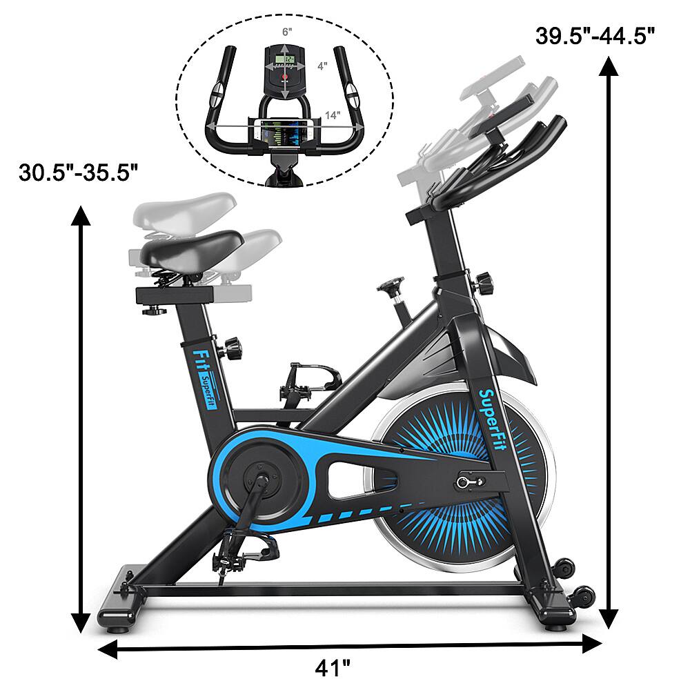 The image shows a SuperFit exercise bike with a blue seat. The bike has a 41" wheel and is designed for indoor use. The bike is displayed in a white background, and it is accompanied by a 30.5"-35.5" measurement. The bike is designed for indoor use and is suitable for fitness enthusiasts.