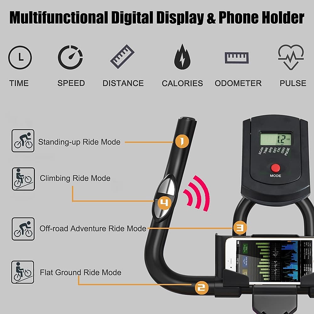Multifunctional Digital Display & Phone Holder:
1. Time: Shows the current time.
2. Speed: Displays the current speed of the bike.
3. Distance: Shows the total distance traveled.
4. Calories: Calculates the number of calories burned during the ride.
5. Odometer: Tracks the total distance traveled on the bike.
6. Pulse: Monitors the user's heart rate.
7. Standing-up Ride Mode: Designed for standing up while riding.
8. Scan: Allows the user to scan their surroundings.
9. Flat Ground Ride Mode: Suitable for flat terrain.
10. Off-road Adventure Ride Mode: Designed for off-road adventures.
11. Climbing Ride Mode: Optimized for climbing hills.
12. W: This could be a reference to the Wattage or Watts, which is a unit of power used to measure the rate at which energy is transferred.