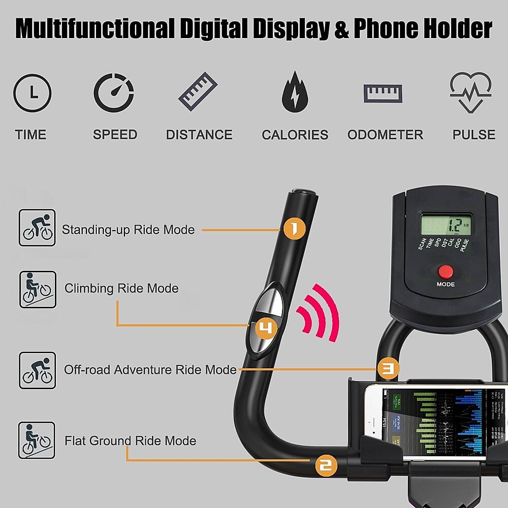 Multifunctional Digital Display & Phone Holder:

1. Time: Shows the current time.
2. Speed: Displays the current speed of the bike.
3. Distance: Shows the total distance traveled.
4. Calories: Calculates the number of calories burned during the ride.
5. Odometer: Tracks the total distance traveled on the bike.
6. Pulse: Monitors the user's heart rate.
7. Standing-up Ride Mode: Designed for standing up while riding.
8. Scan: Allows the user to scan their surroundings.
9. Flat Ground Ride Mode: Suitable for flat terrain.
10. Off-road Adventure Ride Mode: Designed for off-road adventures.
11. Climbing Ride Mode: Optimized for climbing hills.
12. W: This could be a reference to the Wattage or Watts, which is a unit of power used to measure the rate at which energy is transferred.