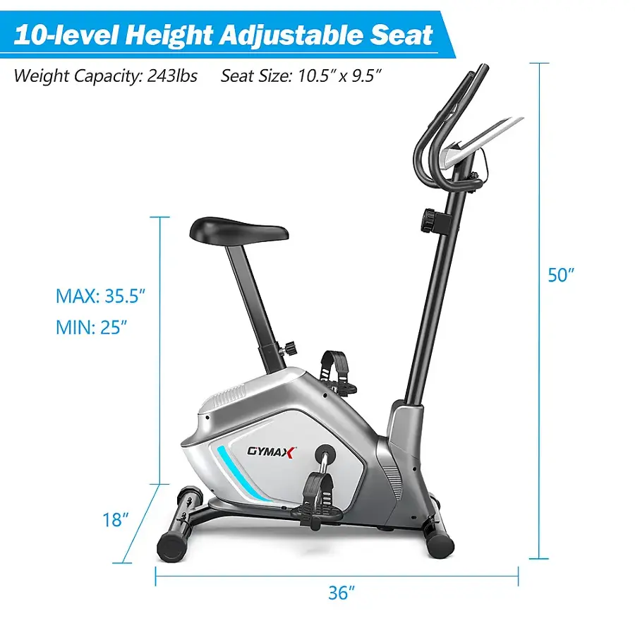 The image features a 10-level height adjustable seat with a weight capacity of 243 lbs. The seat size is 10.5" x 9.5". The maximum height of the seat is 35.5", while the minimum height is 25". The seat is designed by GYMAX.