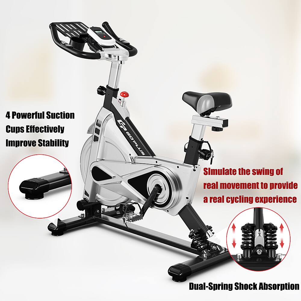 The text on the image reads: "4 Powerful Suction Cups Effectively Improve Stability 4 GOPLUS Simulate the swing of real movement to provide a real cycling experience Dual-Spring Shock Absorption."