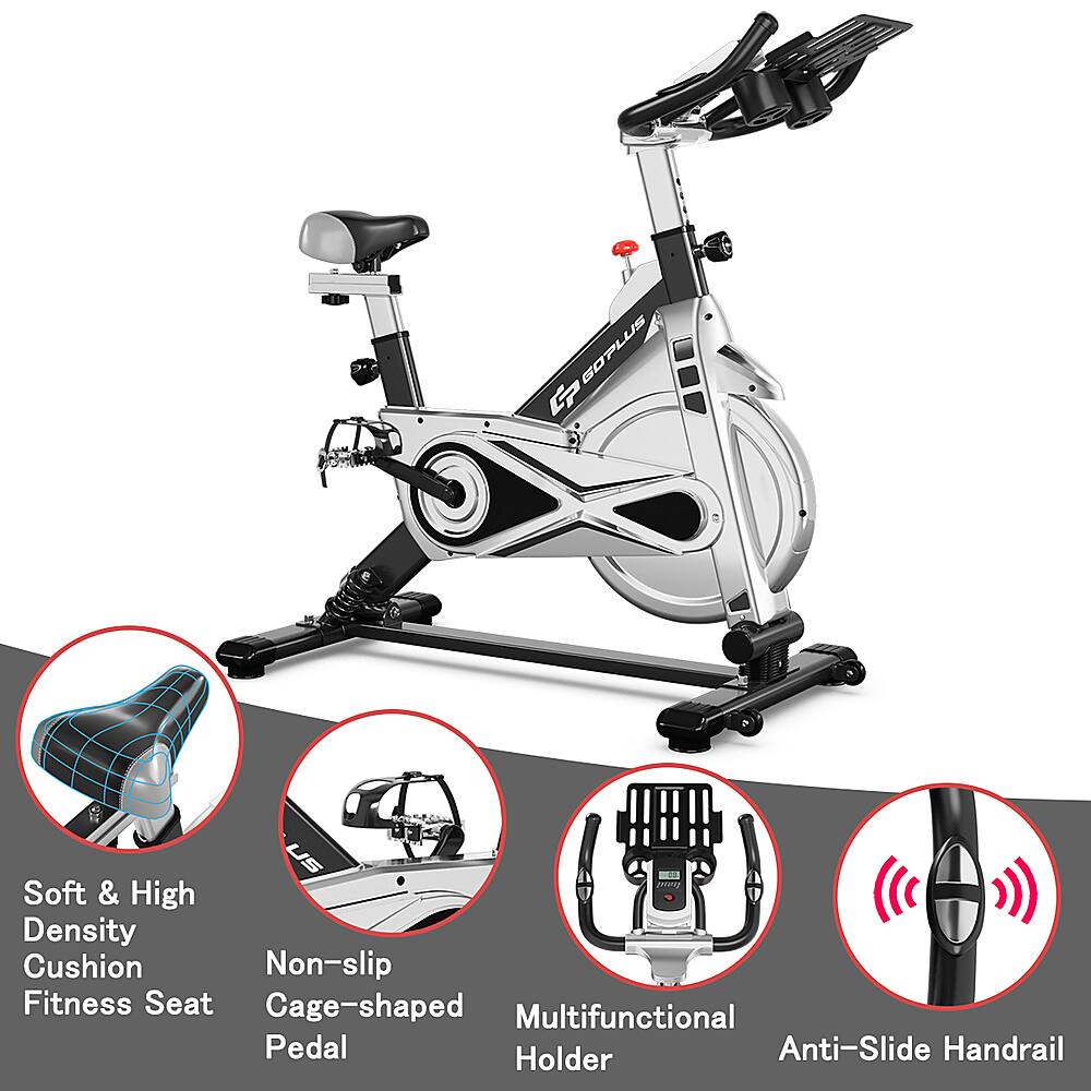 The text on the image is grouped as follows:

1. Soft & High Density Cushion Non-slip Fitness Seat
2. Cage-shaped Multifunctional Pedal Holder
3. Anti-Slide Handrail