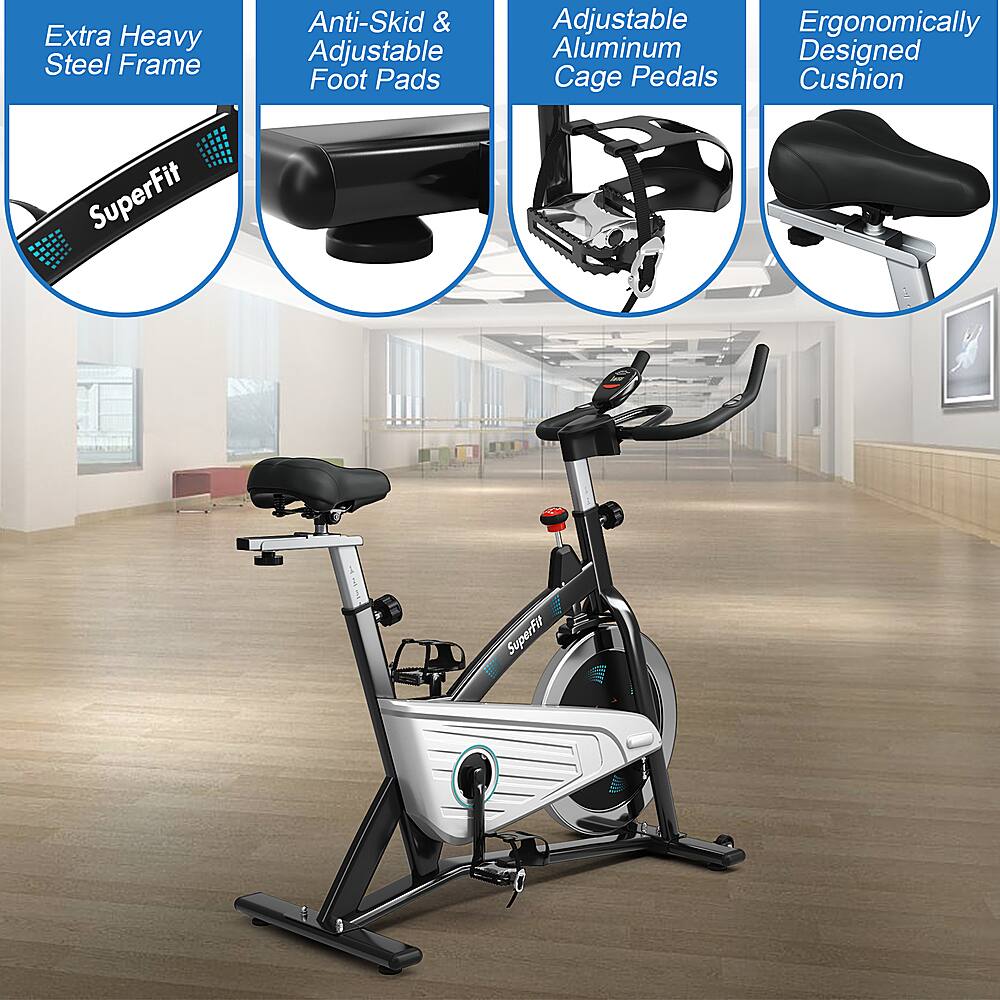 The text on the image is grouped as follows:

1. Extra Heavy Steel Frame
2. Anti-Skid & Adjustable Foot Pads
3. Adjustable Aluminum Cage Pedals
4. Ergonomically Designed Cushion
5. SuperFit