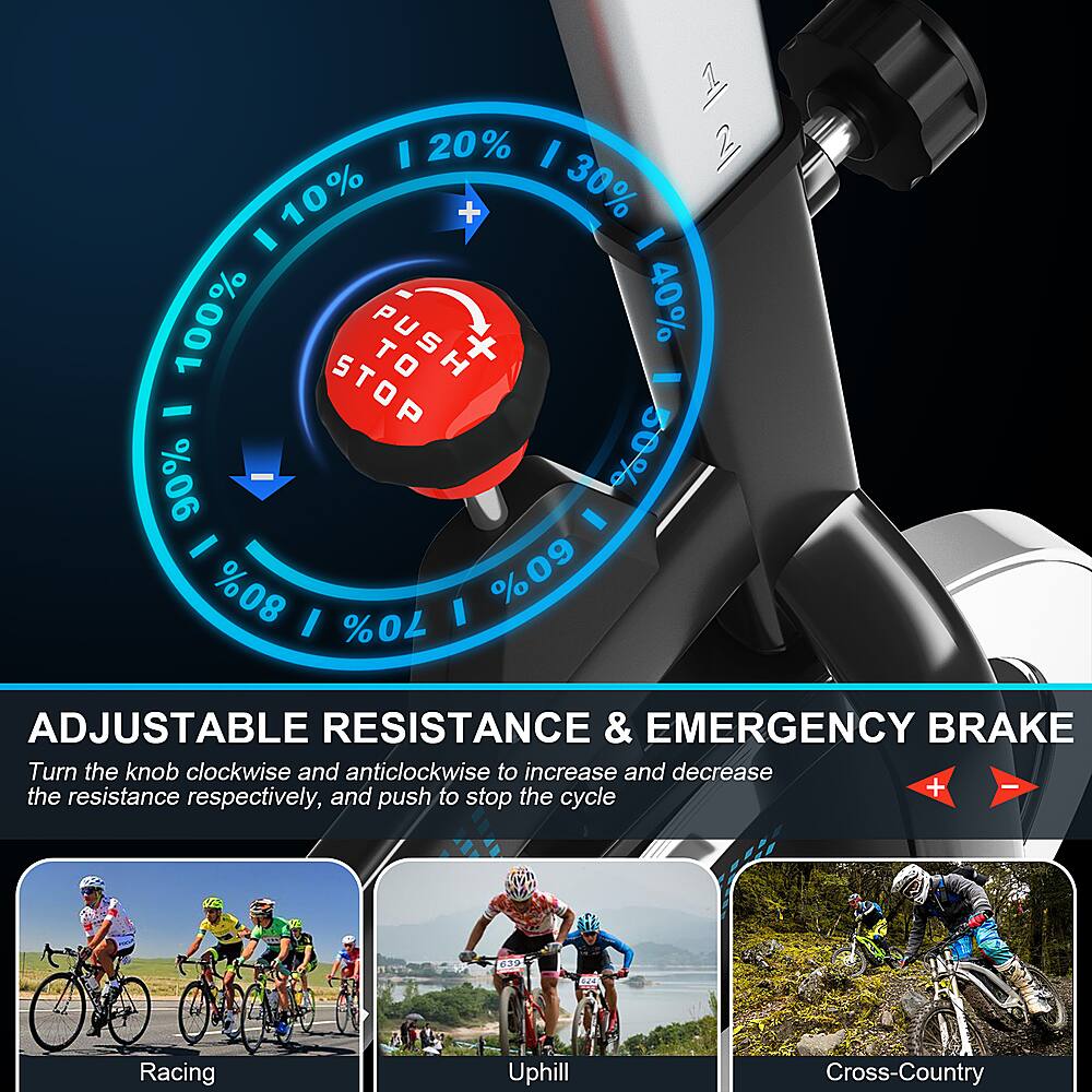 The text on the image is grouped and corrected as follows:

1. Adjustable Resistance & Emergency Brake: Turn the knob clockwise and anticlockwise to increase and decrease the resistance respectively, and push to stop the cycle.
2. Racing: Uphill
3. Racing: Cross-Country