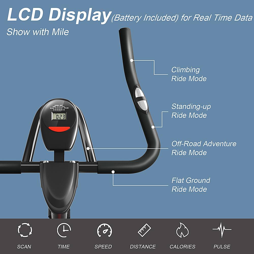 LCD Display (Battery Included) for Real Time Data Show with Mile Climbing Ride Mode ... - - - l11 - n UC C Standing-up Ride Mode Off-Road Adventure Ride Mode Flat Ground Ride Mode SCAN TIME SPEED DISTANCE CALORIES PULSE