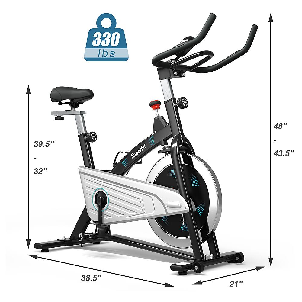 The text on the image reads: "330 lbs 48" 39.5" - 32" SuperFit - 43.5" 38.5" 21". This information is likely related to the specifications of a stationary bike. The numbers indicate the weight capacity, dimensions, and features of the bike. The bike can accommodate a maximum weight of 330 pounds, has a height of 48 inches, a width of 39.5 inches, and a length of 32 inches. The bike is also equipped with a SuperFit feature, which may provide additional benefits or adjustments for the user.