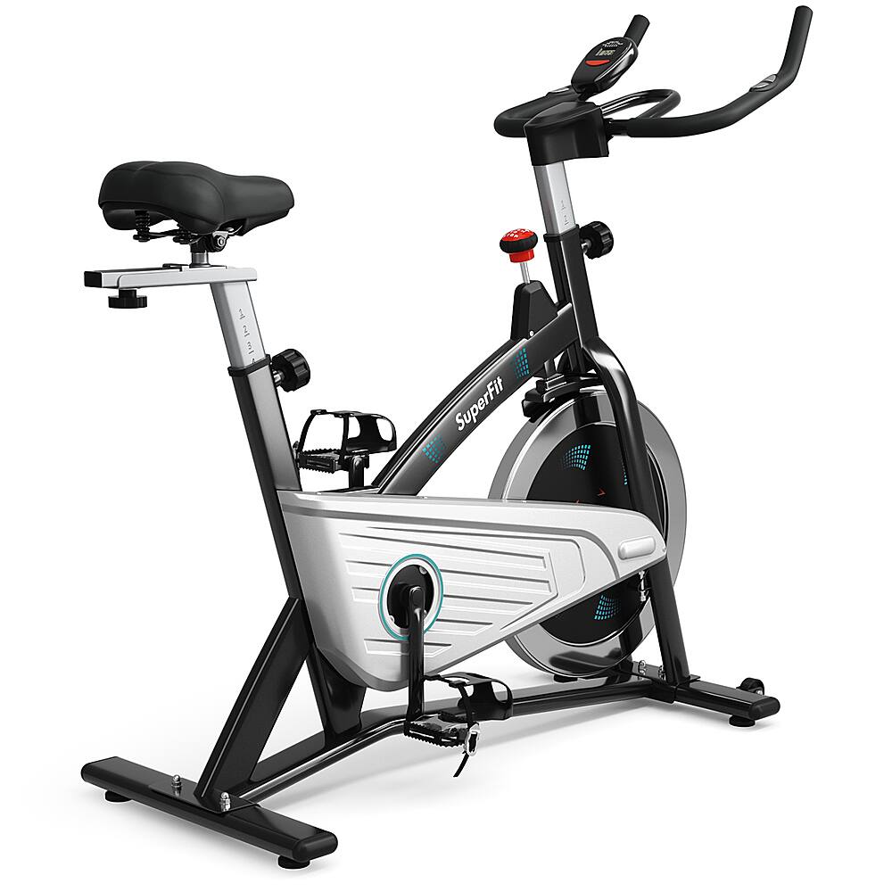1. SuperFit exercise bike with a black seat and a silver frame.