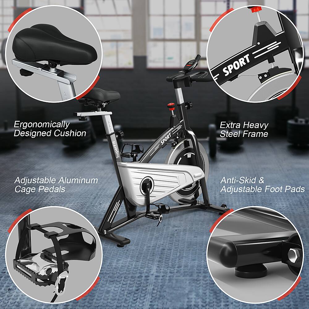 The text on the image is grouped and corrected as follows:

1. Ergonomically Designed Cushion
2. SuperFit SPORT
3. Extra Heavy Steel Frame
4. Adjustable Aluminum Cage Pedals
5. Anti-Skid & Adjustable Foot Pads
