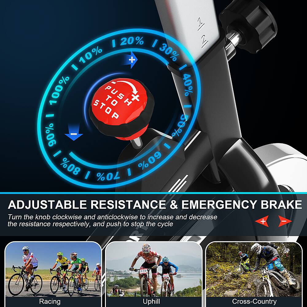 The image features a bicycle with a digital display showing the percentage of resistance and an emergency brake. The display has a button labeled "Push to stop" and a knob for adjusting the resistance. The image also includes a group of people riding bicycles, with one person wearing a helmet. The scene suggests that the bicycle is designed for various terrains and cycling activities, such as racing uphill or cross-country.