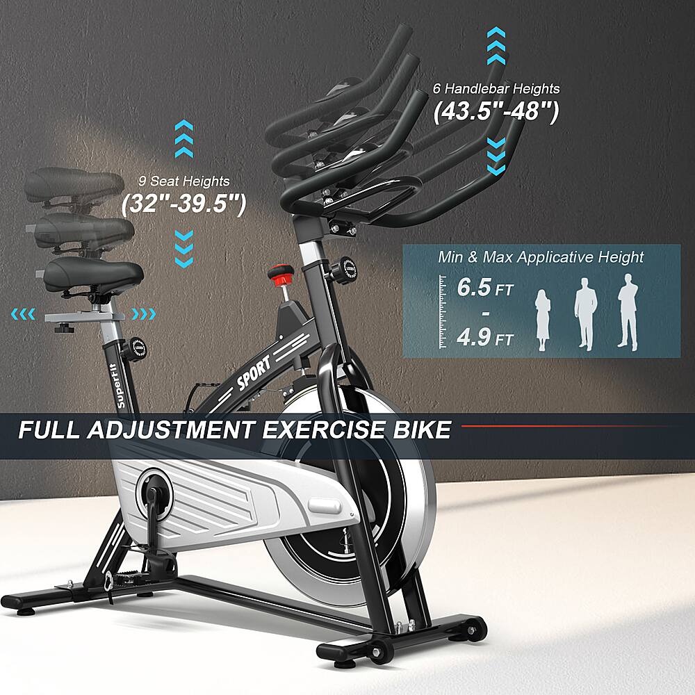 The text on the image states that the exercise bike has 6 handlebar heights ranging from 43.5" to 48" and 9 seat heights ranging from 32" to 39.5". The bike is designed for a minimum and maximum applicative height of 6.5 feet.