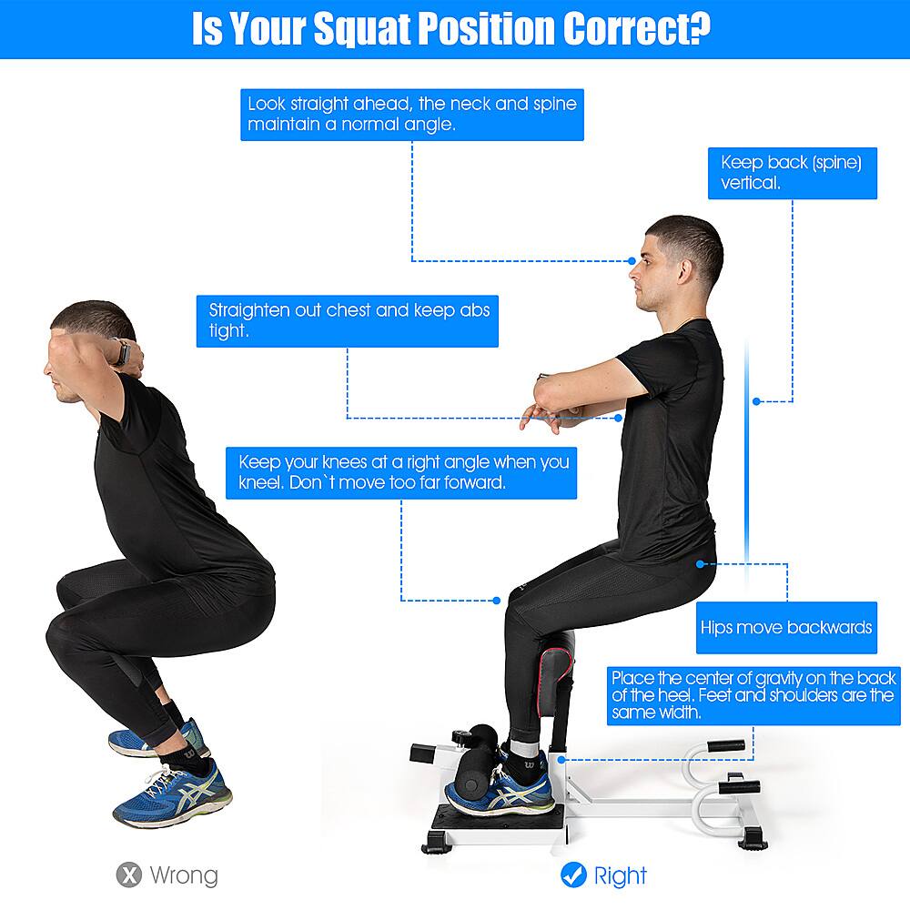 Is Your Squat Position Correct? Look straight ahead, maintaining a normal angle for the neck and spine. Keep the back (spine) vertical and straighten out the chest while keeping the abs tight. When you kneel, keep your knees at a right angle. Don't move too far forward. Hips should move backwards. Place the center of gravity on the back of the heel. Feet and shoulders should be the same width.