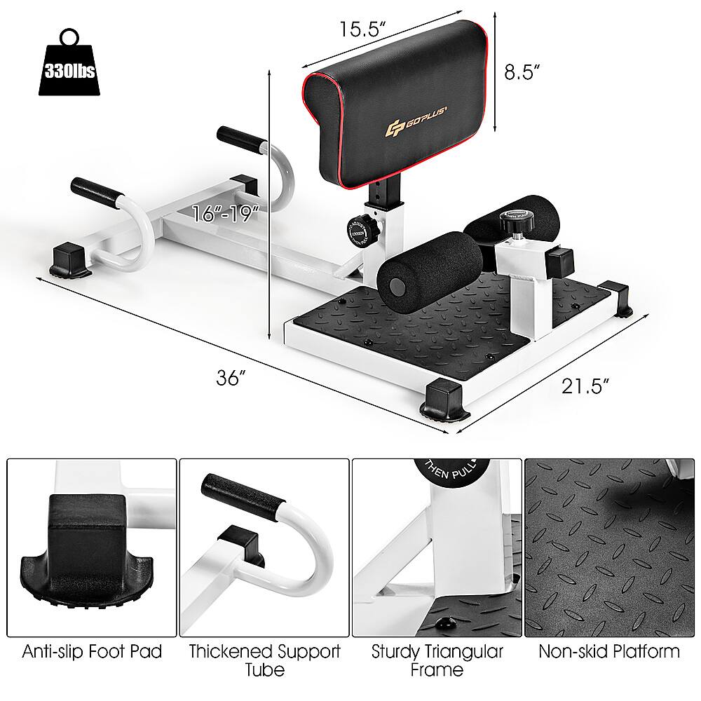 The text on the image is grouped and corrected as follows:

15.5" 330lbs 8.5" BOPLUS 16"-19"  36" 21.5" Anti-slip Foot Pad Thickened Support Sturdy Triangular Non-skid Platform Tube Frame