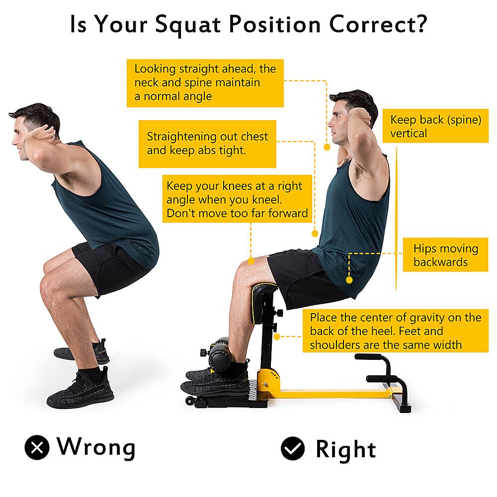 Is Your Squat Position Correct?
Looking straight ahead, the neck and spine maintain a normal angle.
Straightening out chest and keep abs tight.
Keep back (spine) vertical.
Keep your knees at a right angle when you kneel.
Don't move too far forward.
Hips moving backwards.
Place the center of gravity on the back of the heel.
Feet and shoulders are the same width.