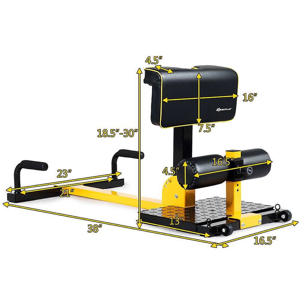 The text on the image reads: 4.5" le 16" 18.5"-30" 7.5" 23" 4.5" 16.5" 21" 38" 13" 16.5". This text describes the dimensions of the black and yellow exercise machine. The dimensions include the height, width, and other specifications of the machine.