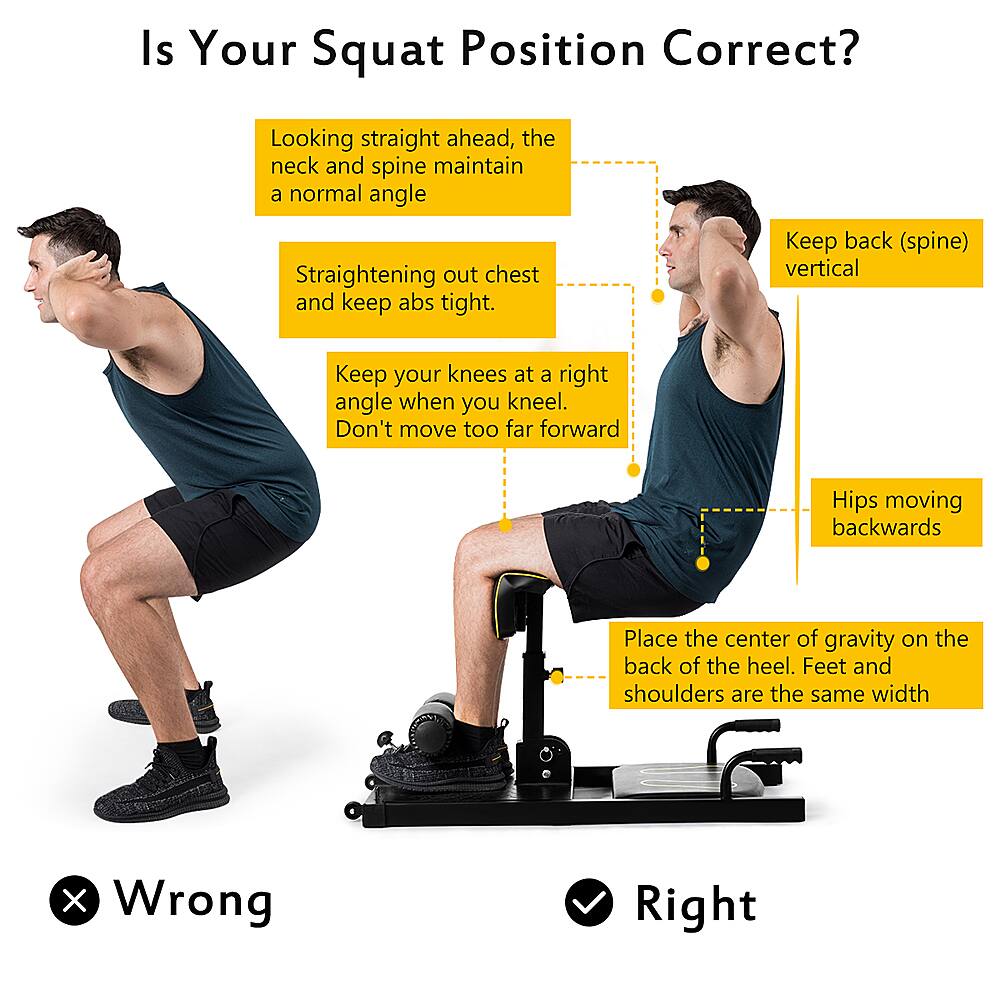 Is Your Squat Position Correct?
Looking straight ahead, the neck and spine maintain a normal angle.
Straightening out chest and keep abs tight.
Keep back (spine) vertical.
Keep your knees at a right angle when you kneel.
Don't move too far forward.
Hips moving backwards.
Place the center of gravity on the back of the heel.
Feet and shoulders are the same width.