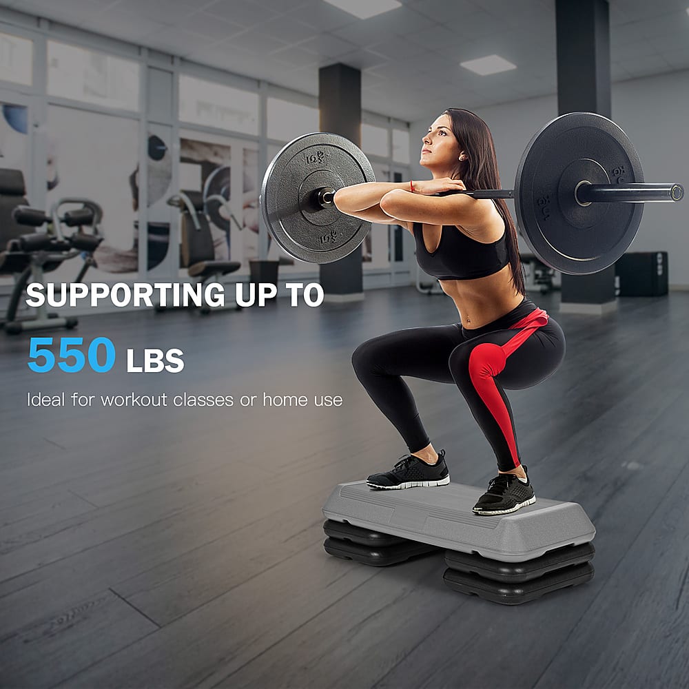 The text on the image is: "Supporting up to 550 lbs. Ideal for workout classes or home use."
