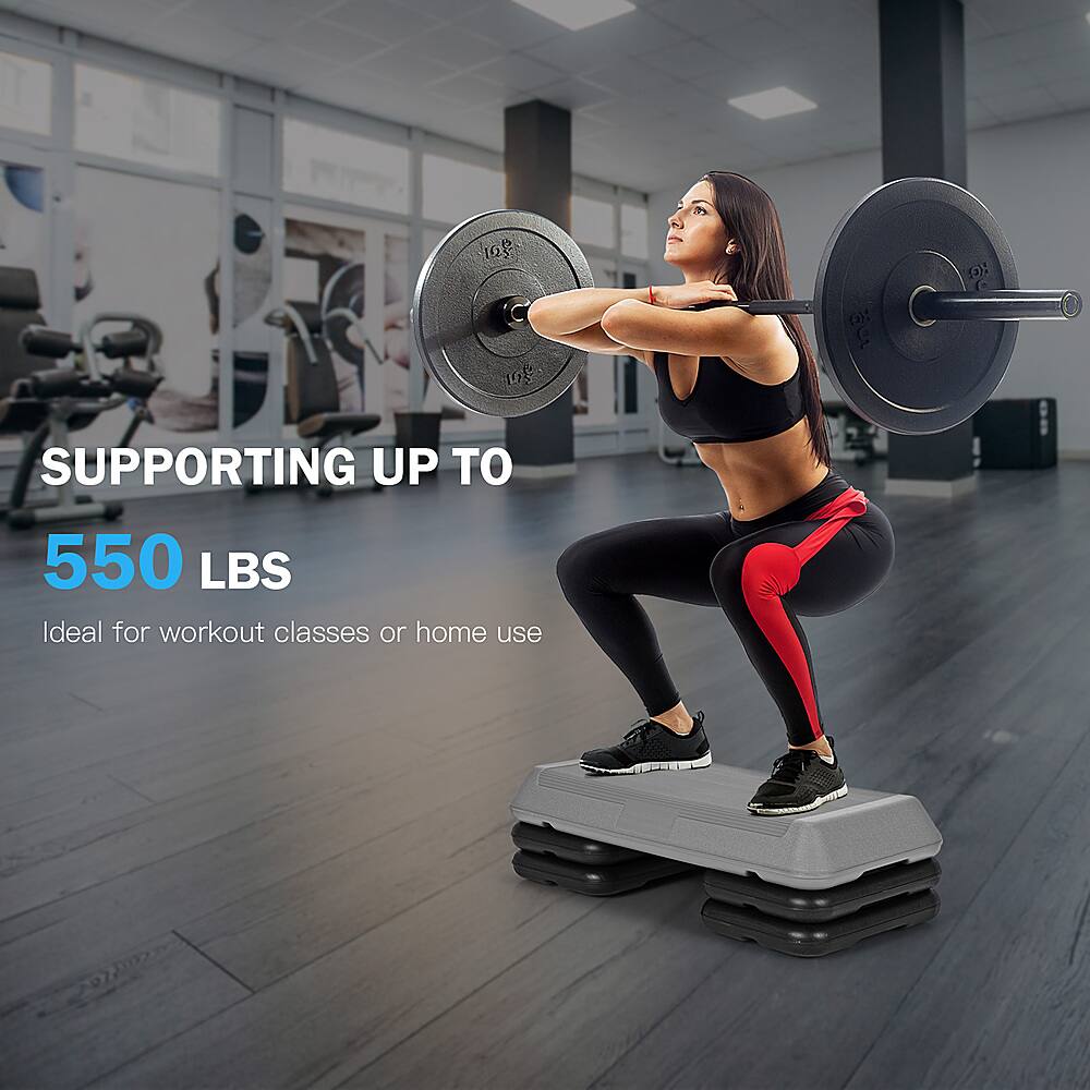 The text on the image is: "Supporting up to 550 lbs. Ideal for workout classes or home use."