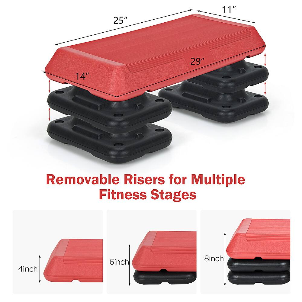 The text on the image is grouped and corrected as follows:

"Removable Risers for Multiple Fitness Stages: 25" 11" 14" 29" 4inch 6inch 8inch"