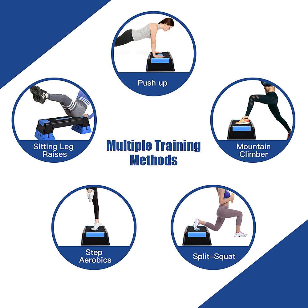 The text on the image is grouped as follows:

1. Push up
2. Sitting Leg Raises
3. Multiple Training Methods
4. Mountain Climber
5. Step Aerobics
6. Split-Squat