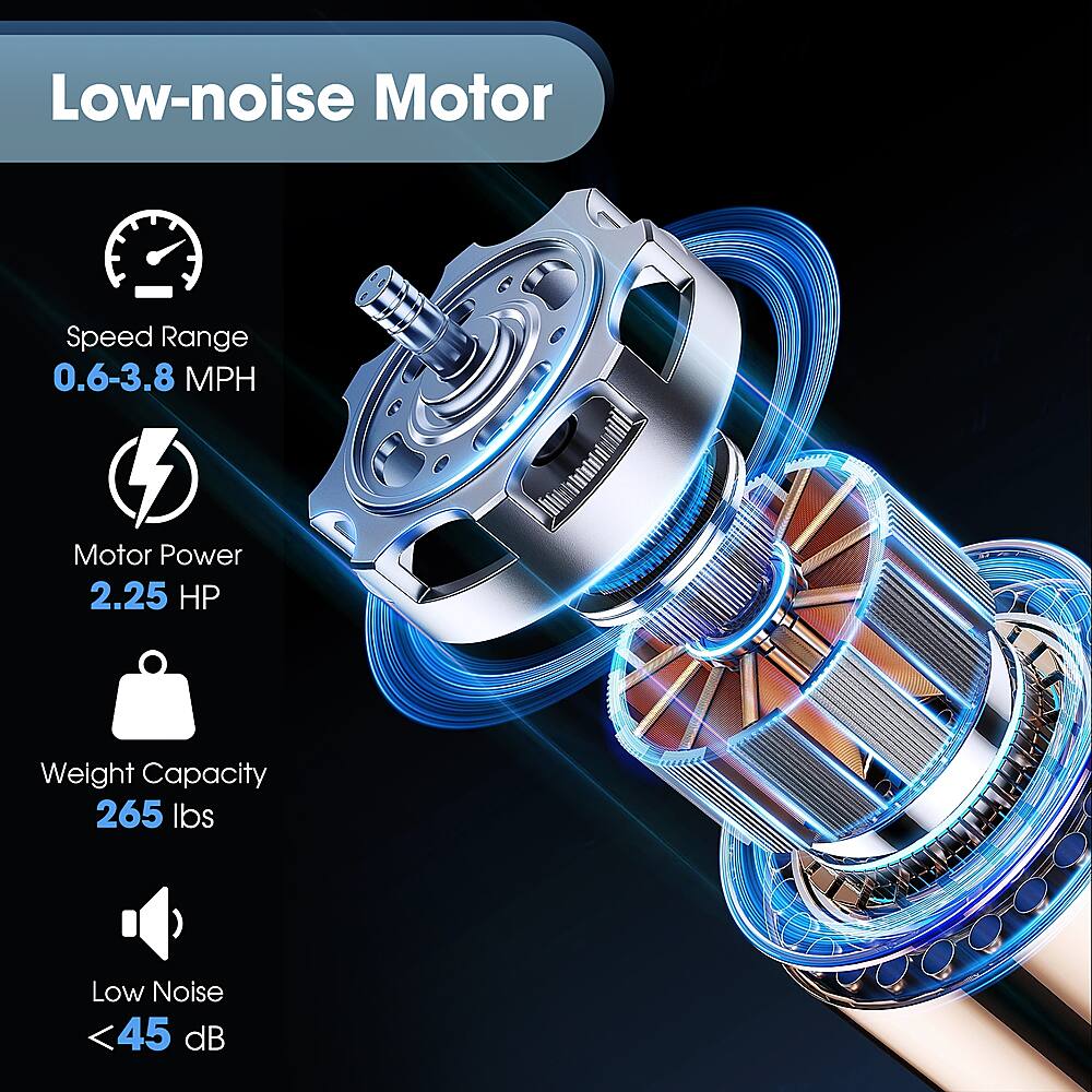 Low-noise Motor Speed Range 0.6-3.8 MPH Motor Power 2.25 HP Weight Capacity 265 lbs Low Noise 45 dB