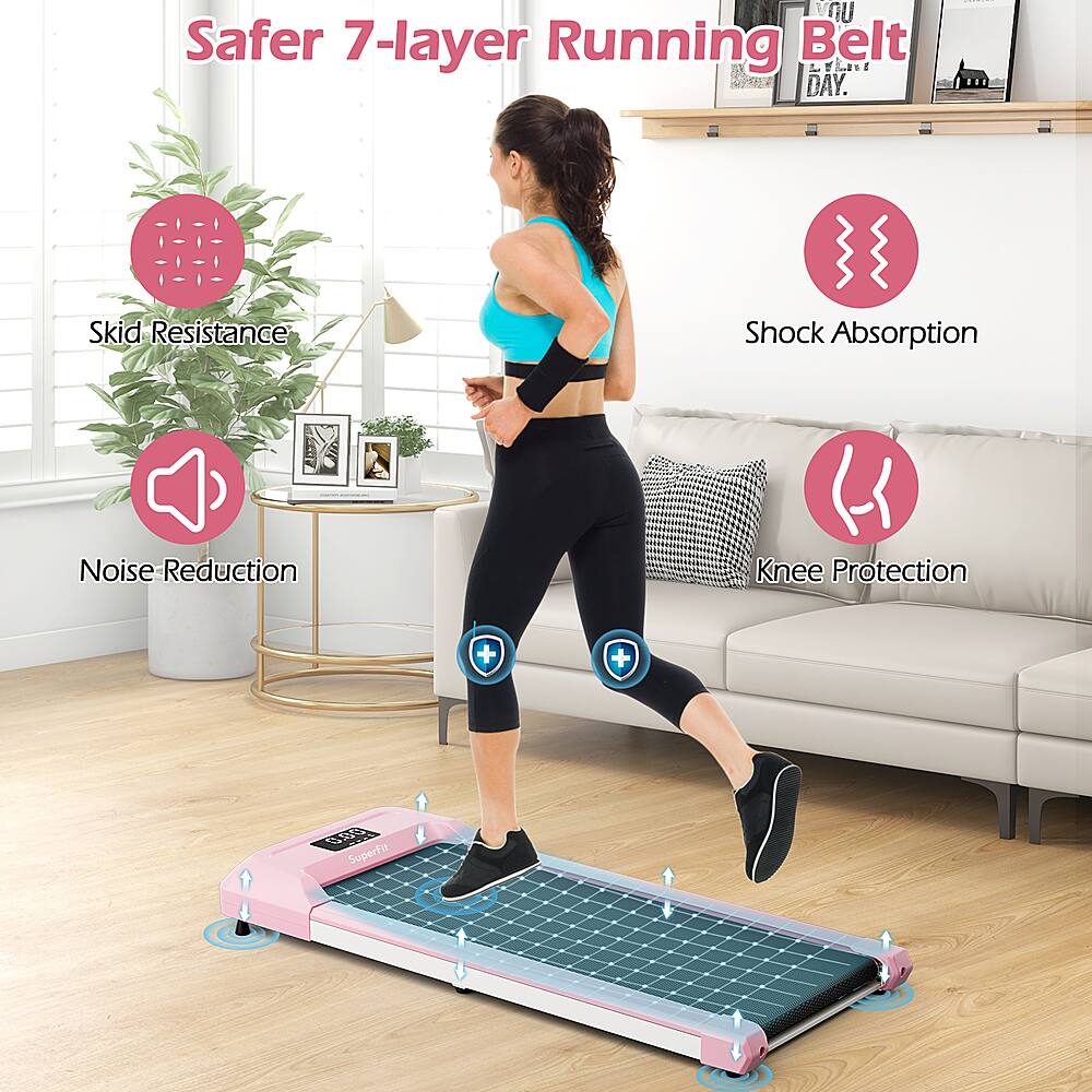 The text on the image is grouped and corrected as follows:

"Safer 7-layer Running Belt - Skid Resistance, Shock Absorption, Noise Reduction, Knee Protection."