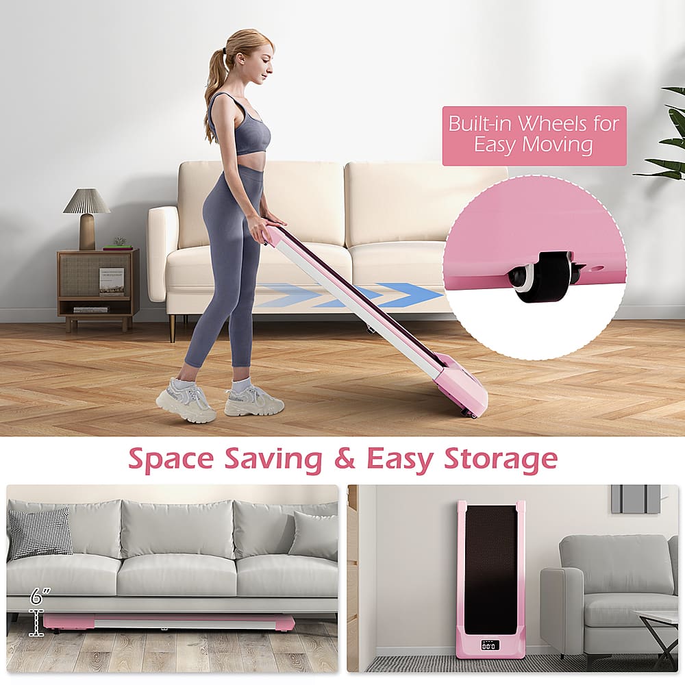 The image features a woman standing in a living room, holding a pink vacuum cleaner. The room has a couch and a potted plant, and the woman is wearing a grey shirt. The vacuum cleaner has built-in wheels for easy moving, making it a convenient and space-saving option for cleaning the home.
