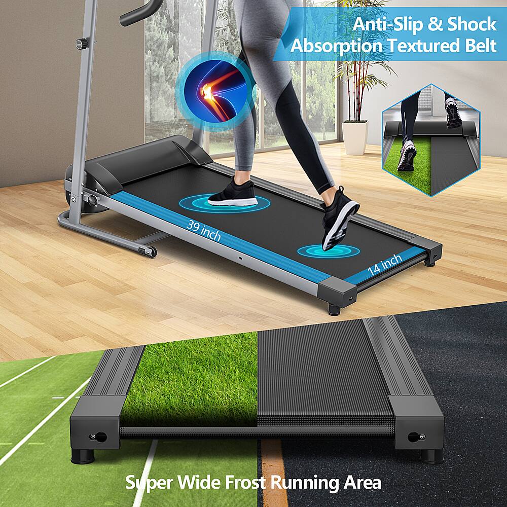 The text on the image is grouped and corrected as follows:

"Anti-Slip & Shock Absorption Textured Belt 39 inch 14 inch Super Wide Frost Running Area"