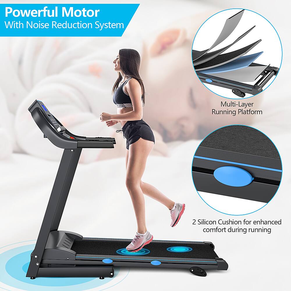 The image features a woman running on a treadmill with a powerful motor and noise reduction system. The treadmill also has a multi-layer running platform and two silicon cushions for enhanced comfort during running.