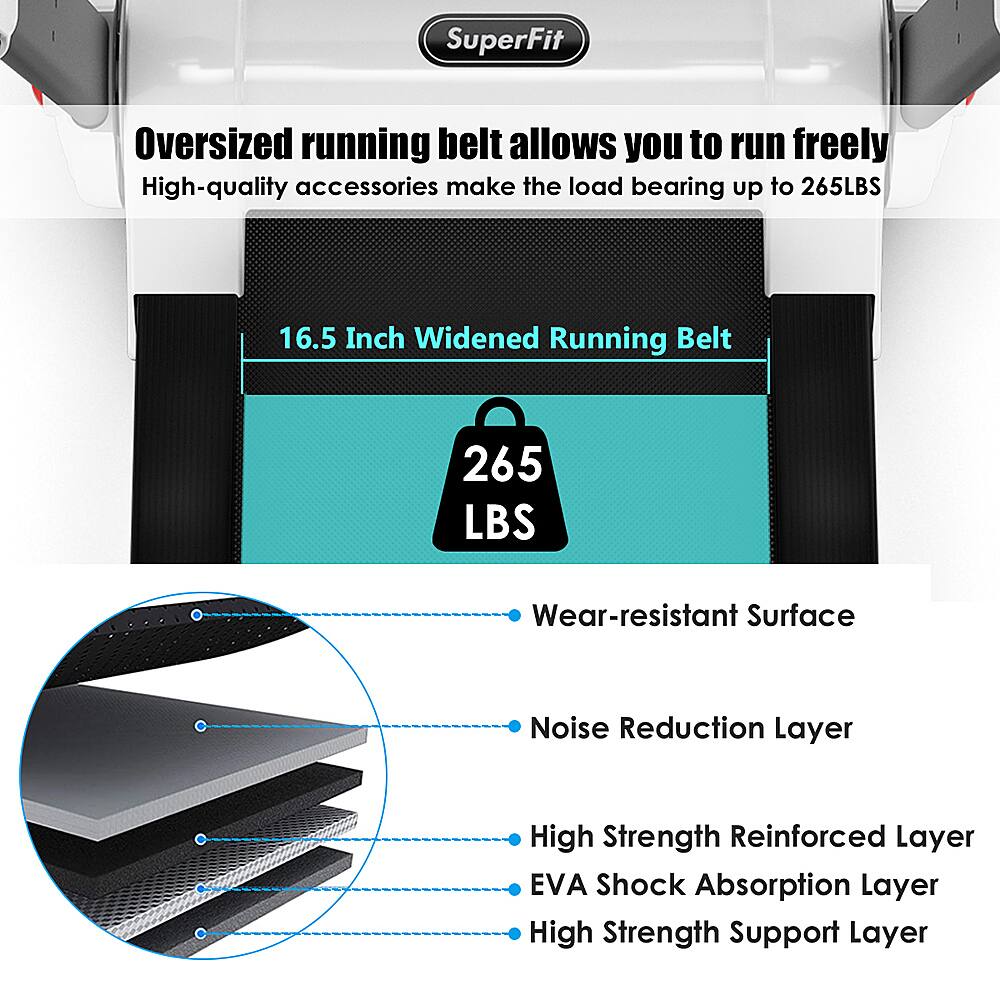 SuperFit Oversized running belt allows you to run freely. High-quality accessories make the load bearing up to 265LBS. 16.5 Inch Widened Running Belt. 265 LBS Wear-resistant Surface. Noise Reduction Layer. High Strength Reinforced Layer. EVA Shock Absorption Layer. High Strength Support Layer.