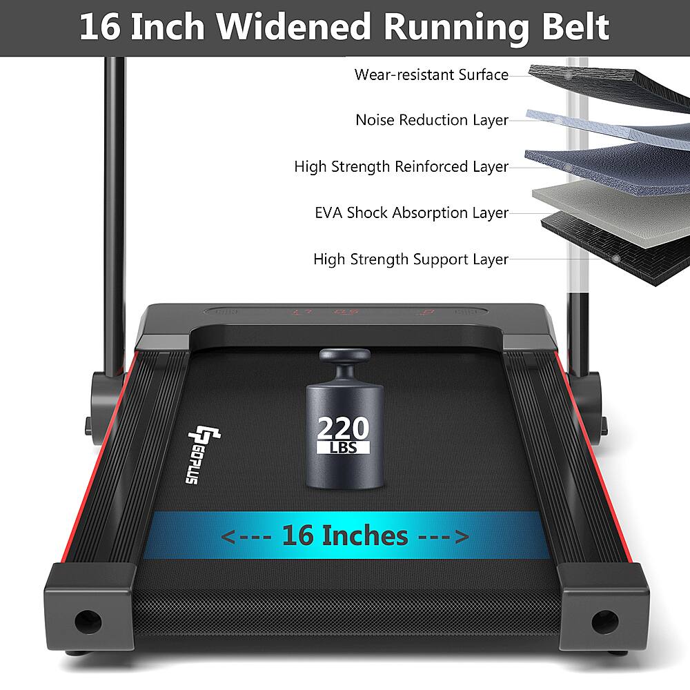 The text on the image is grouped and corrected as follows:
16 Inch Widened Running Belt
Wear-resistant Surface
Noise Reduction Layer
High Strength Reinforced Layer
EVA Shock Absorption Layer
High Strength Support Layer
G GOPLUS 220 LBS
16 Inches