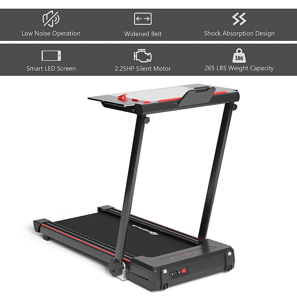 The image features a treadmill with a widened belt, designed for low noise operation. The treadmill also has a smart LED screen and a silent motor, making it an ideal choice for those who want to exercise without disturbing others. The treadmill has a weight capacity of 265 lbs, making it suitable for a wide range of users.