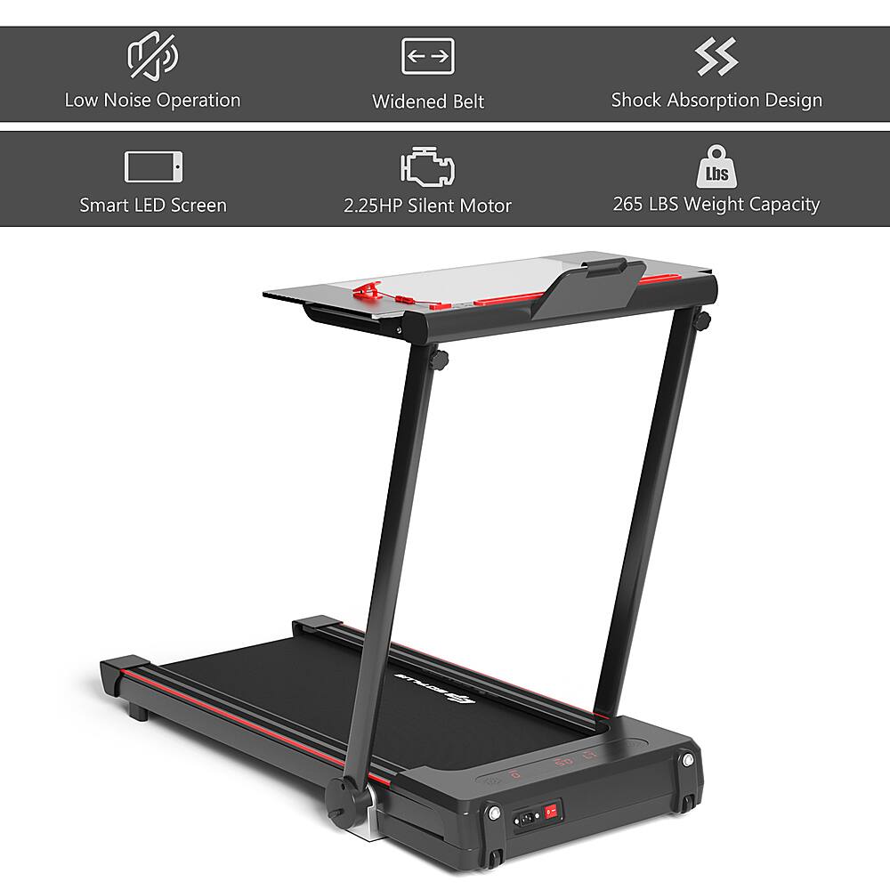 The image features a treadmill with a widened belt, designed for low noise operation. The treadmill also has a smart LED screen and a silent motor, making it an ideal choice for those who want to exercise without disturbing others. The treadmill has a weight capacity of 265 lbs, making it suitable for a wide range of users.