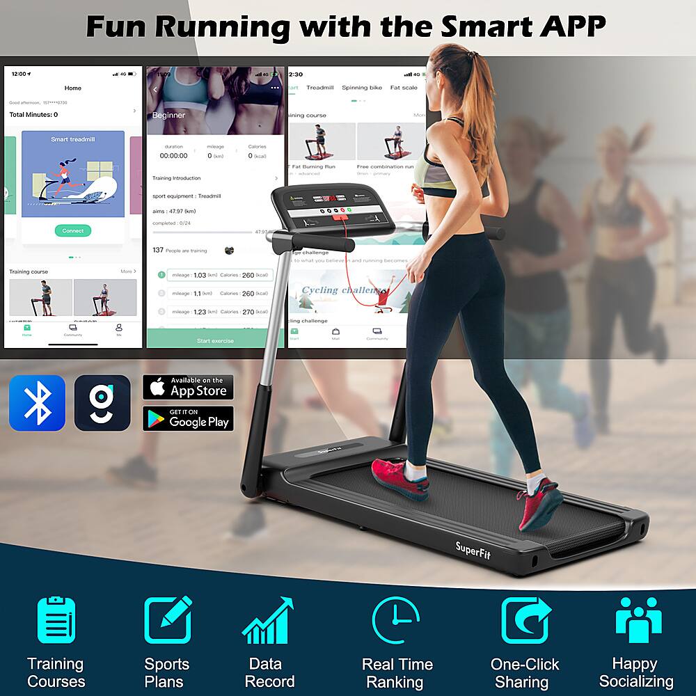 Fun Running with the Smart APP

1-00 - 1 - 1 - DES 1 - iusa - Treadmill Spinning Treadmill

Total Minutes: 1:37 Pooe

Training Categories: 20

Calories: 200

SuperFit Training Courses

Sports Plans

Data Record

Real Time Ranking

One-Click Happy Sharing

Socializing