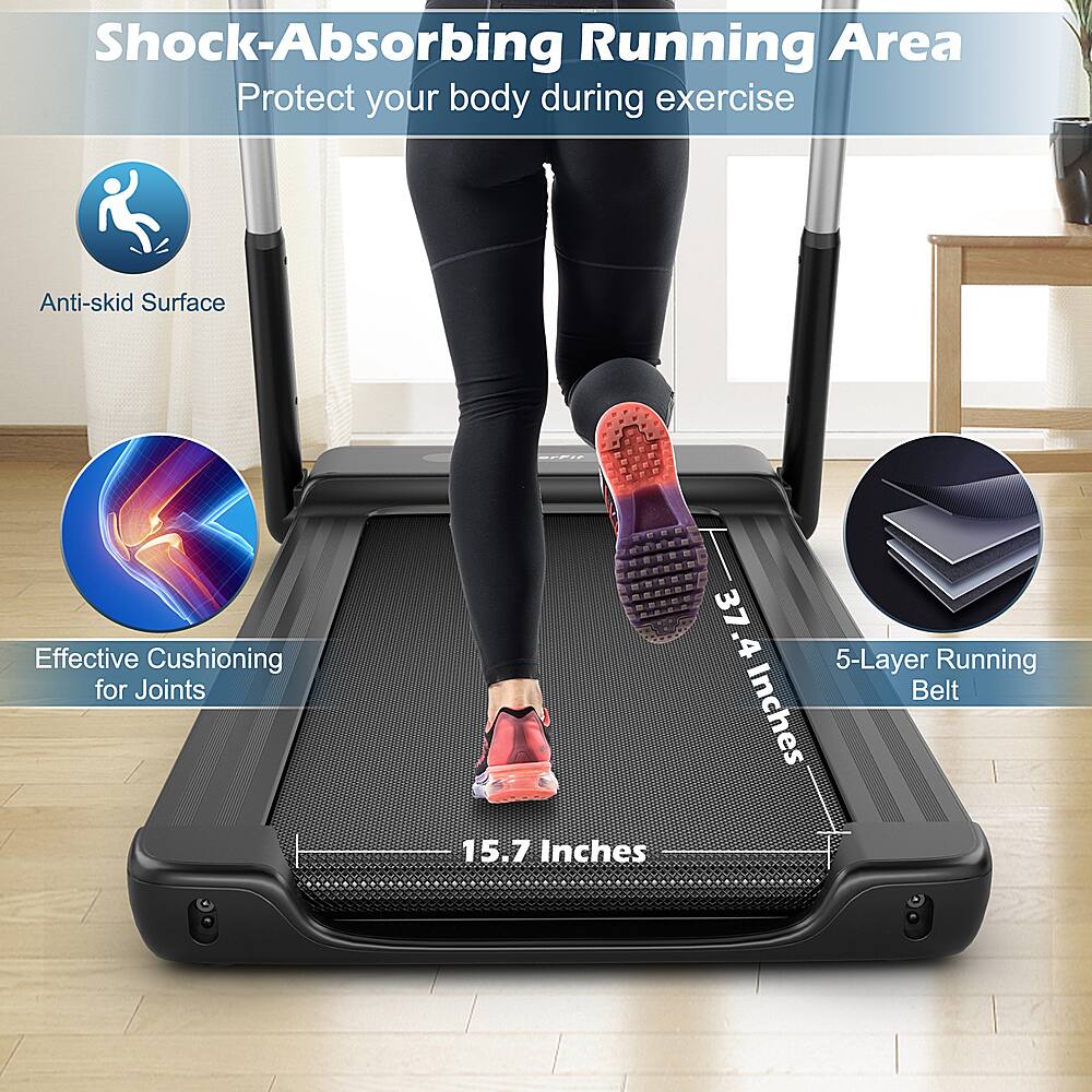 Shock-Absorbing Running Area: Protect your body during exercise. Anti-skid Surface. Effective Cushioning for Joints. 15.7 Inches. 37.4 5-Layer Running Belt.