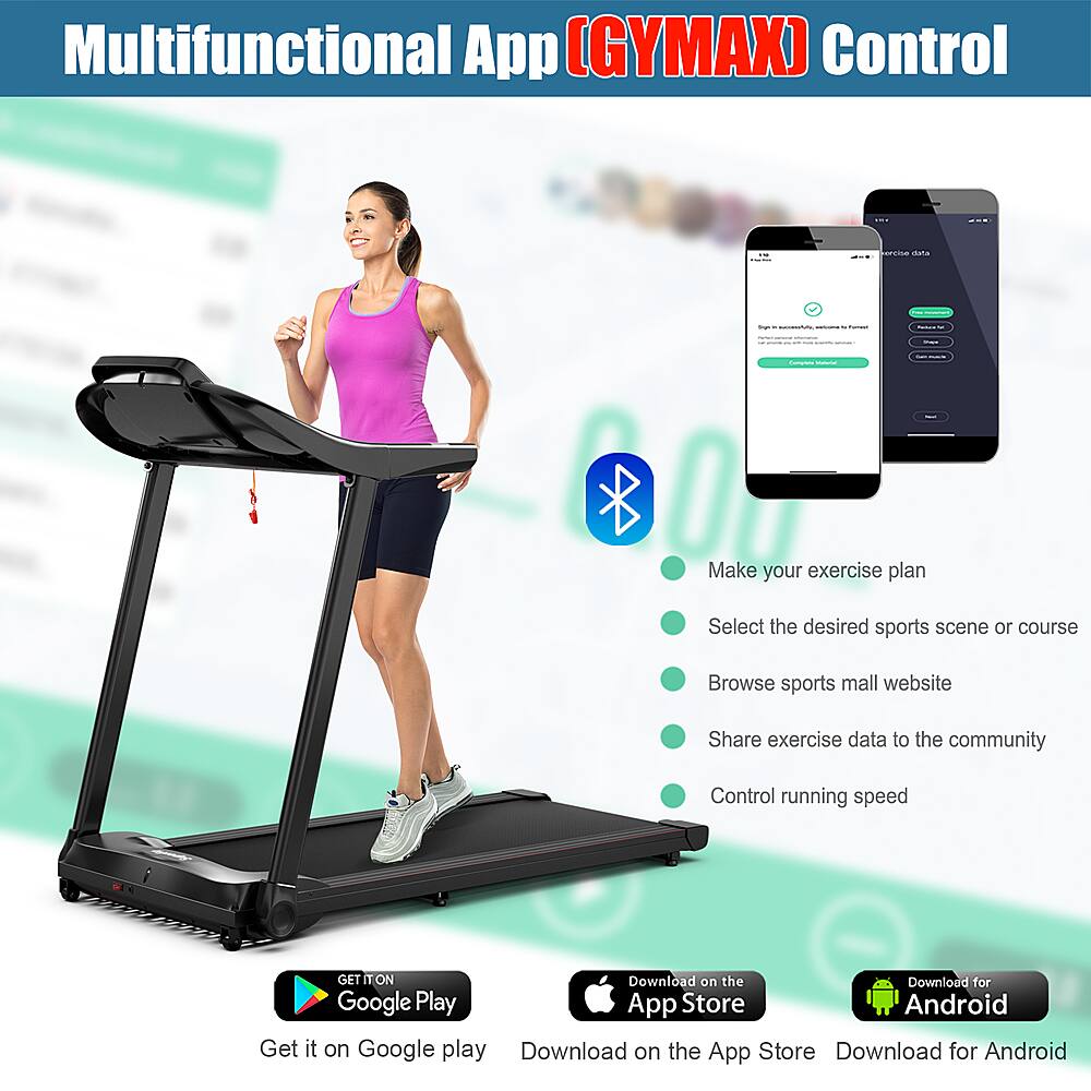 Multifunctional App (GYMAX) Control - Make your exercise plan, Select the desired sports scene or course, Browse sports mall website, Share exercise data to the community, Control running speed. Get it on Google Play and App Store for Android.