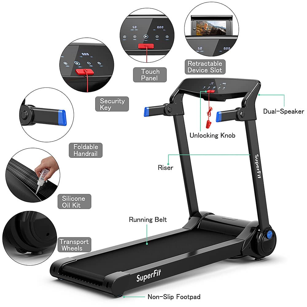 The text on the image is grouped and corrected as follows:
1. Touch Panel: Retractable Device Slot
2. Security Key: Dual-Speaker
3. Foldable Handrail: Riser
4. Unlocking Knob: SuperFit
5. Silicone Oil Kit: Running Belt
6. Transport Wheels: SuperFit
7. Non-Slip Footpad: SuperFit
