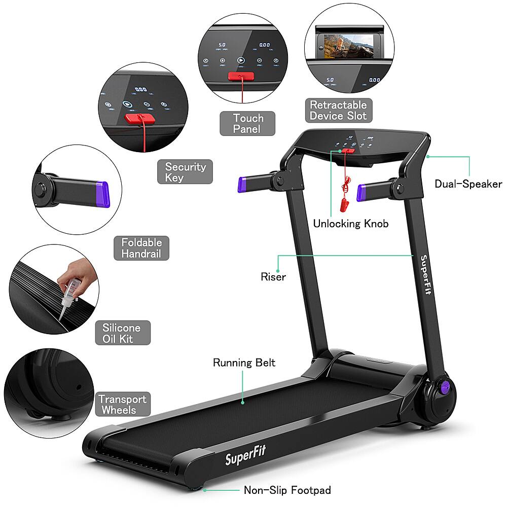 The text on the image is grouped and corrected as follows:

1. Touch Panel Retractable Device Slot - Security Key
2. Dual-Speaker Foldable Handrail
3. Riser
4. Unlocking Knob
5. SuperFit Silicone Oil Kit
6. Running Belt
7. Transport Wheels
8. SuperFit Non-Slip Footpad
