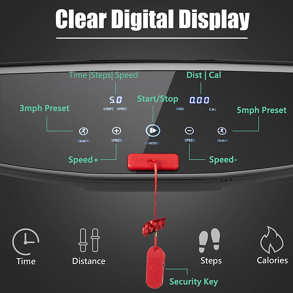 Clear Digital Display: Time, Steps, Speed, Distance, Calories, Security Key.