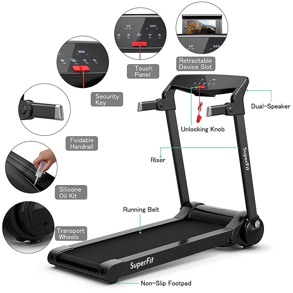 The text on the image is grouped and corrected as follows:

1. Touch Panel Retractable Device Slot - Security Key
2. Dual-Speaker Foldable Handrail
3. Riser
4. Unlocking Knob
5. SuperFit Silicone Oil Kit
6. Running Belt
7. Transport Wheels
8. SuperFit Non-Slip Footpad