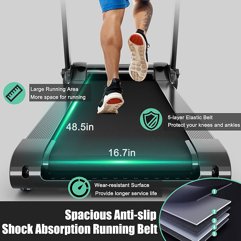 The text on the image is already grouped and correctly written. It reads:

1. Spacious Anti-slip Shock Absorption Running Belt
2. Large Running Area
3. More space for running
4. 48.5in 5-layer Elastic Belt
5. Protect your knees and ankles
6. 16.7in Wear-resistant Surface
7. Provide longer service life