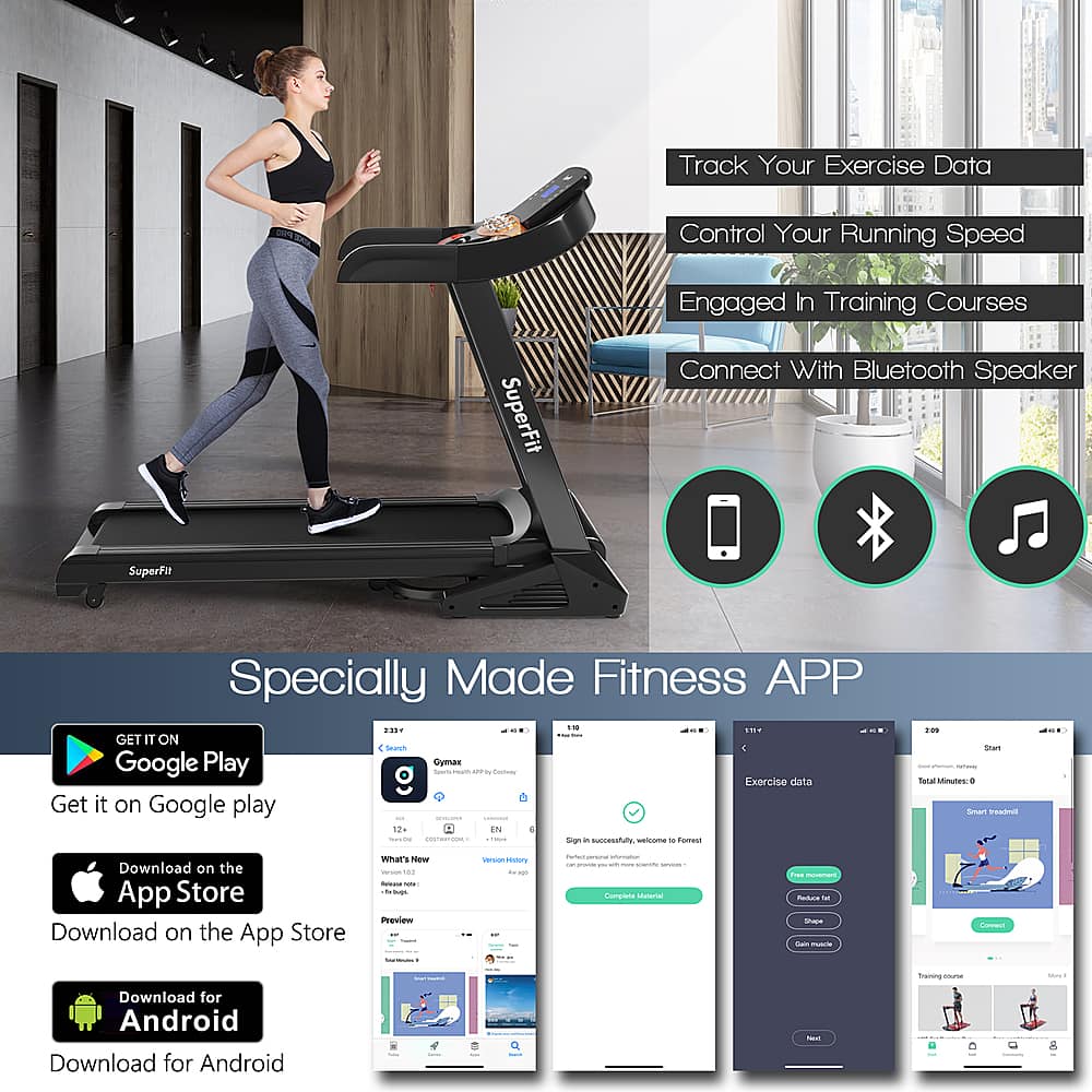 Track Your Exercise Data Control Your Running Speed SuperFit Engaged In Training Courses Connect With Bluetooth Speaker Specialy Made Fitness App. Get it on Google Play.