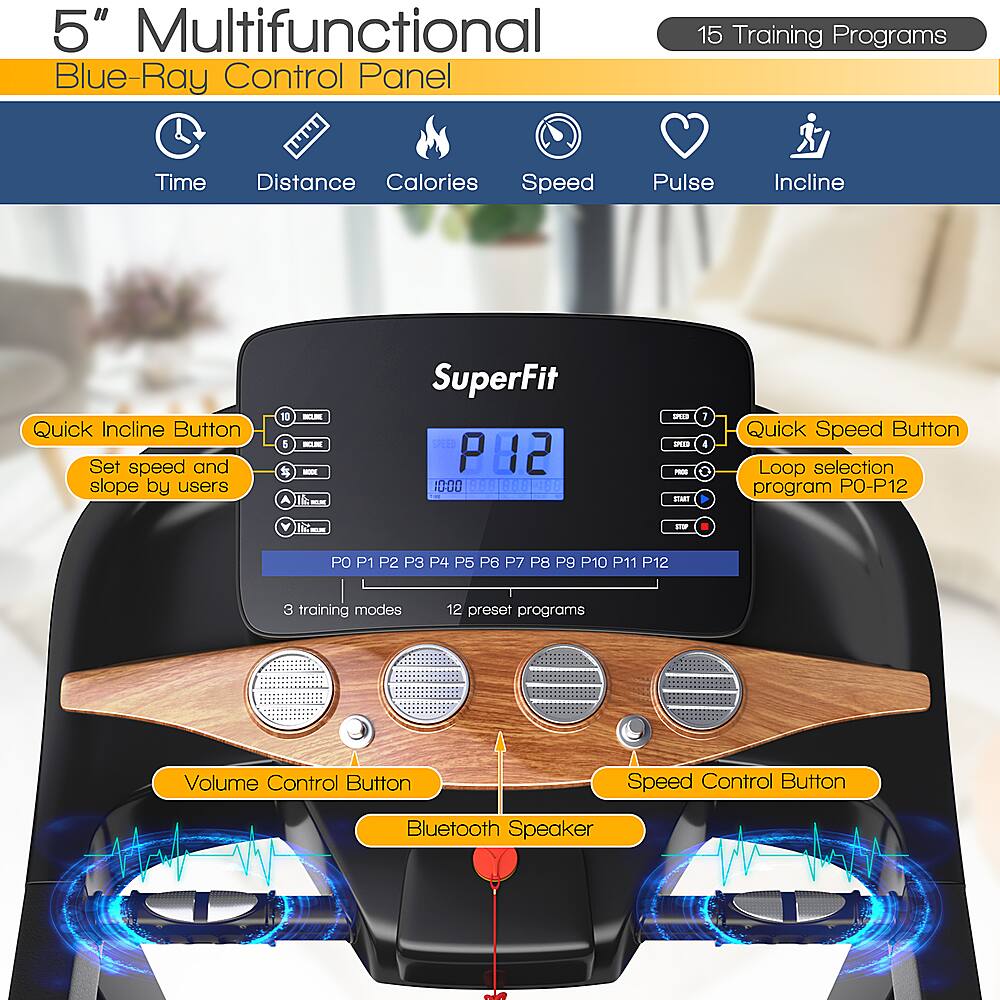 The text on the image is already grouped and correctly written. It reads:

"5" Multifunctional Blue-Ray Control Panel 15 Training Programs Time Distance Calories Speed Pulse Incline Quick Incline Button Set speed and slope by users 0 1 2 - - - - - - - - - - - - - - - - - - - - - - - - - - - - - - - - - - - - - - - - - - - - - - - - - - - - - - - - - - - - - - - - - - - - - - - - - - - - - - - - - - - - - - - - - - - - - - - - - - - - - - - - - - - - - - - - - - - - - - - - - - - - - - - - - - - - - - - - - - - - - - - - - - - - - - - - - - - - - - - - - - - - - - - - - - - - - - - - - - - - - - - - - - - - - - - - - - - - - - - - - - - - - - - - - - - - - - - - - - - - - - - - - - - - - - - - - - - - - - - - - - - - - - - - - - - - - - - - - - - - - - - - - - - - - - - - - - - - - - - - - - - - - - - - - - - - - - - - - - - - - - - - - - - - - - - - - - - - - - - - - - - - - - - - - - - - - - - - - - - - - - - - - - - - - - - - - - - - - - - - - - - - - - - - - - - - - - - - - - - - - - - - - - - - - - - - - - - - - - - - - - - - - - - - - - - - - - - - - - - - - - - - - - - - - - - - - - - - - - - - - - - - - - -