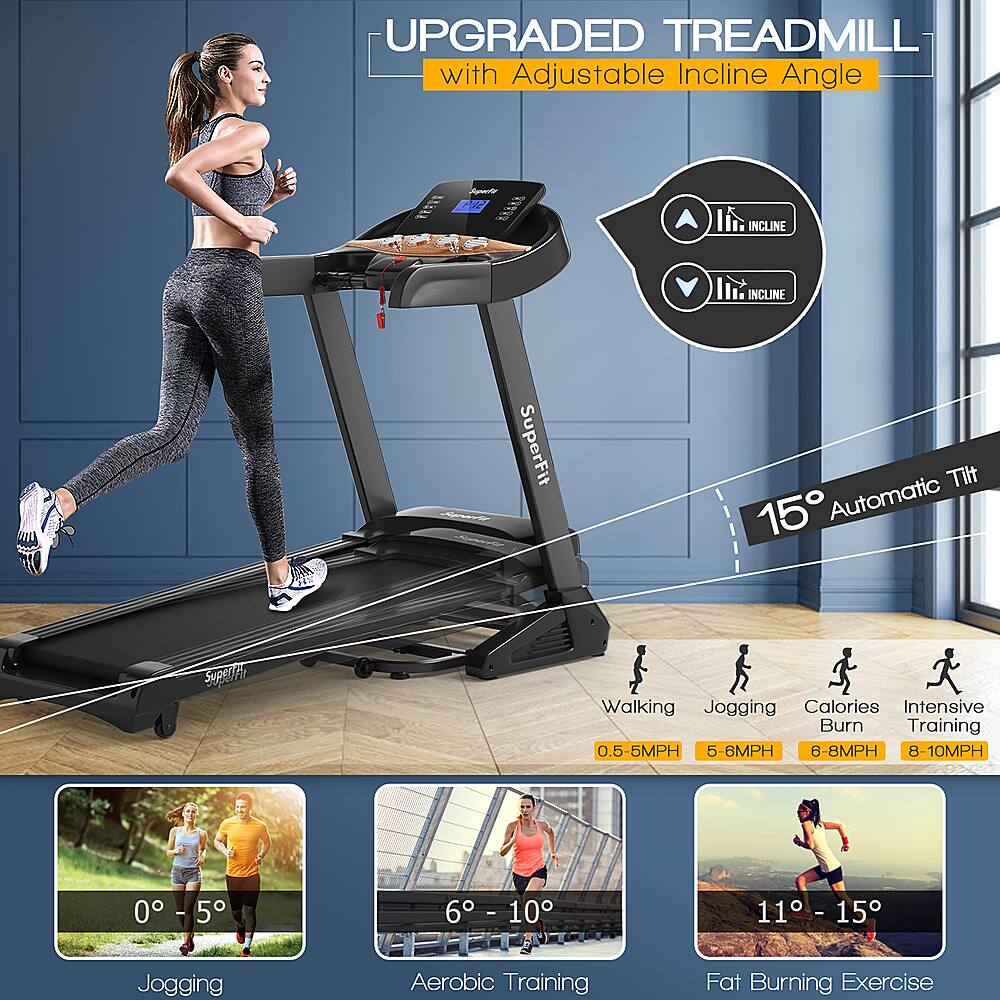 UPGRADED TREADMILL with Adjustable Incline Angle EA - 15 Automatic Tilt 15 Automatic Walking Jogging Calories Intensive Burn Training 0.5-5MPH 5-6MPH 8-8MPH 8-10MPH 0 0 -5 - 5 Jogging 6 6 - 10 - SPA-T Aerobic Training 11 - 15 - Fat Burning Exercise