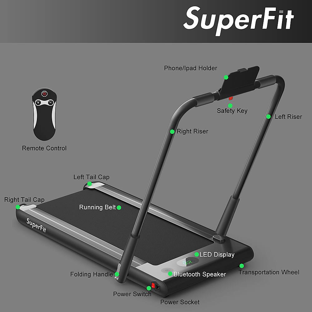 SuperFit Phone/lpad Holder Safety Key Left Riser Right Riser Remote Control Left Tail Cap Right Tail Cap SuperFit Running Belt LED Display Folding Handle Bluetooth Transportation Wheel Speaker Power Switch Power Socket