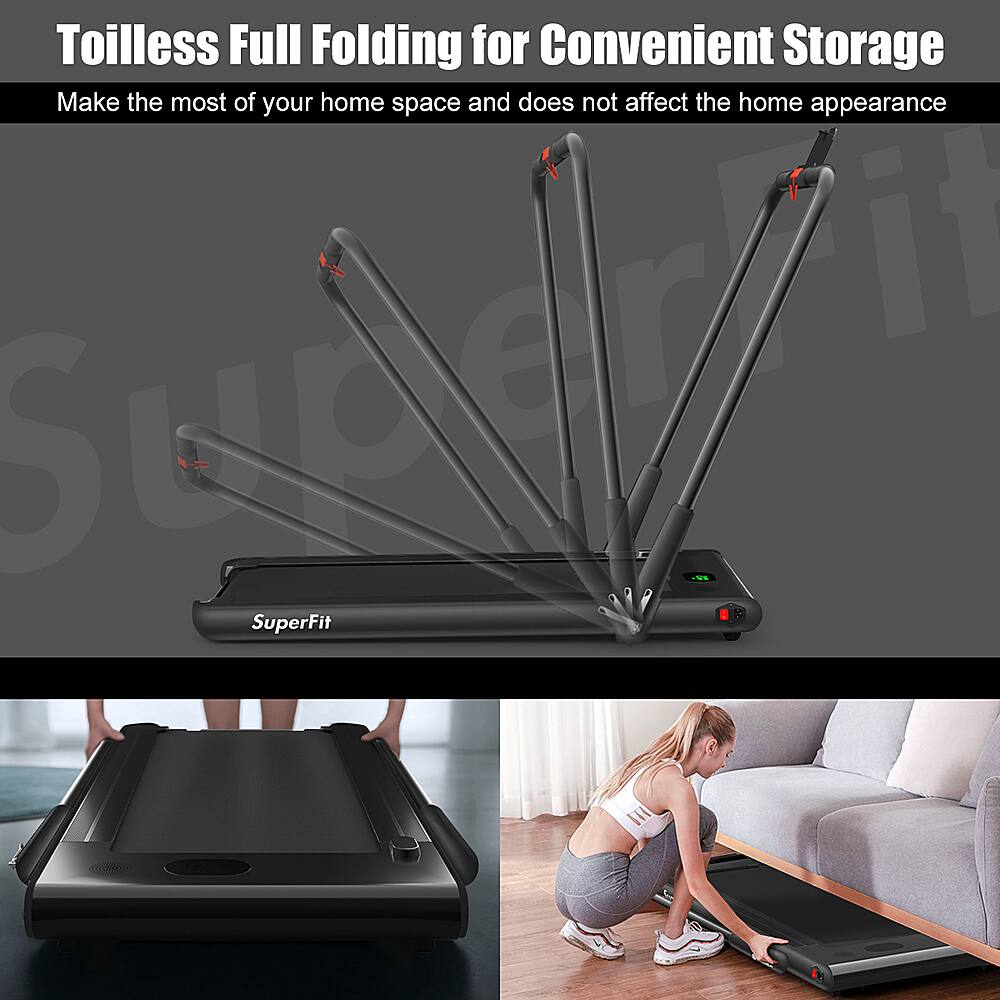 The text on the image is grouped and corrected as follows:
Title: Toilless Full Folding for Convenient Storage
Subtitle: Make the most of your home space and does not affect the home appearance
Body: SuperFit