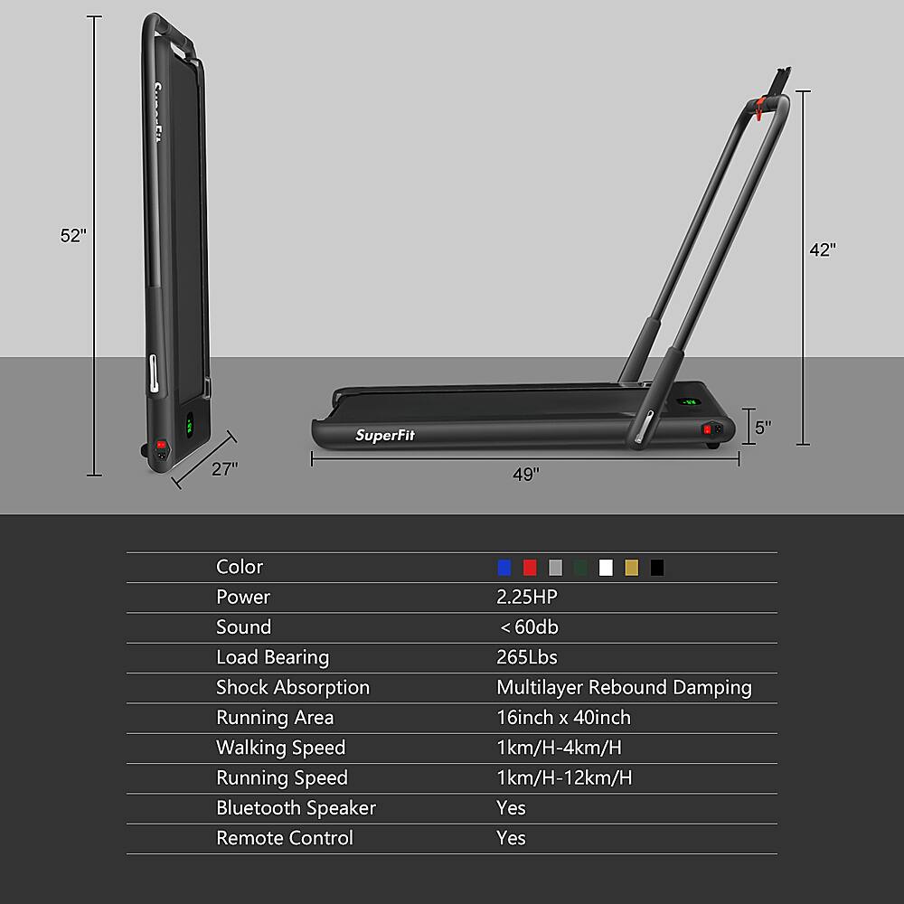 The text on the image is already grouped and correctly written. It describes the features of a SuperFit treadmill, including its dimensions, color, power source, sound system, shock absorption, running area, walking speed, and Bluetooth speaker capabilities. It also includes information about the treadmill's load bearing capacity, remote control, and multilayer rebound damping.